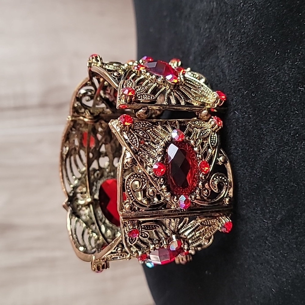 Victorian Revival Gold Tone Cuff Bracelet | Red Rhinestone Statement | Filigree - Picture 3 of 7